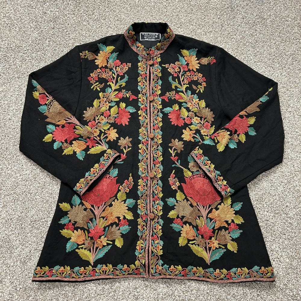 The Bhat Pashmina Ind Jacket Womens M Black Wool Embroidered Floral Boho Lined